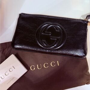 Gucci Soho Black Patent Leather Wristlet Clutch/Wallet